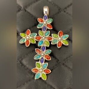 Signed SU Sterling Silver Turquoise, Lapis & Spiny Oyster Cross Pendant